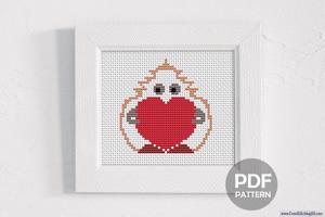 Cute Little Cartoon Mascot Character Holding A Love Heart CrossStitch Chart