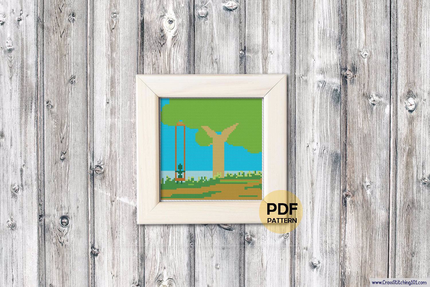 Landscape with Tree Swing Cross Stitch Pattern