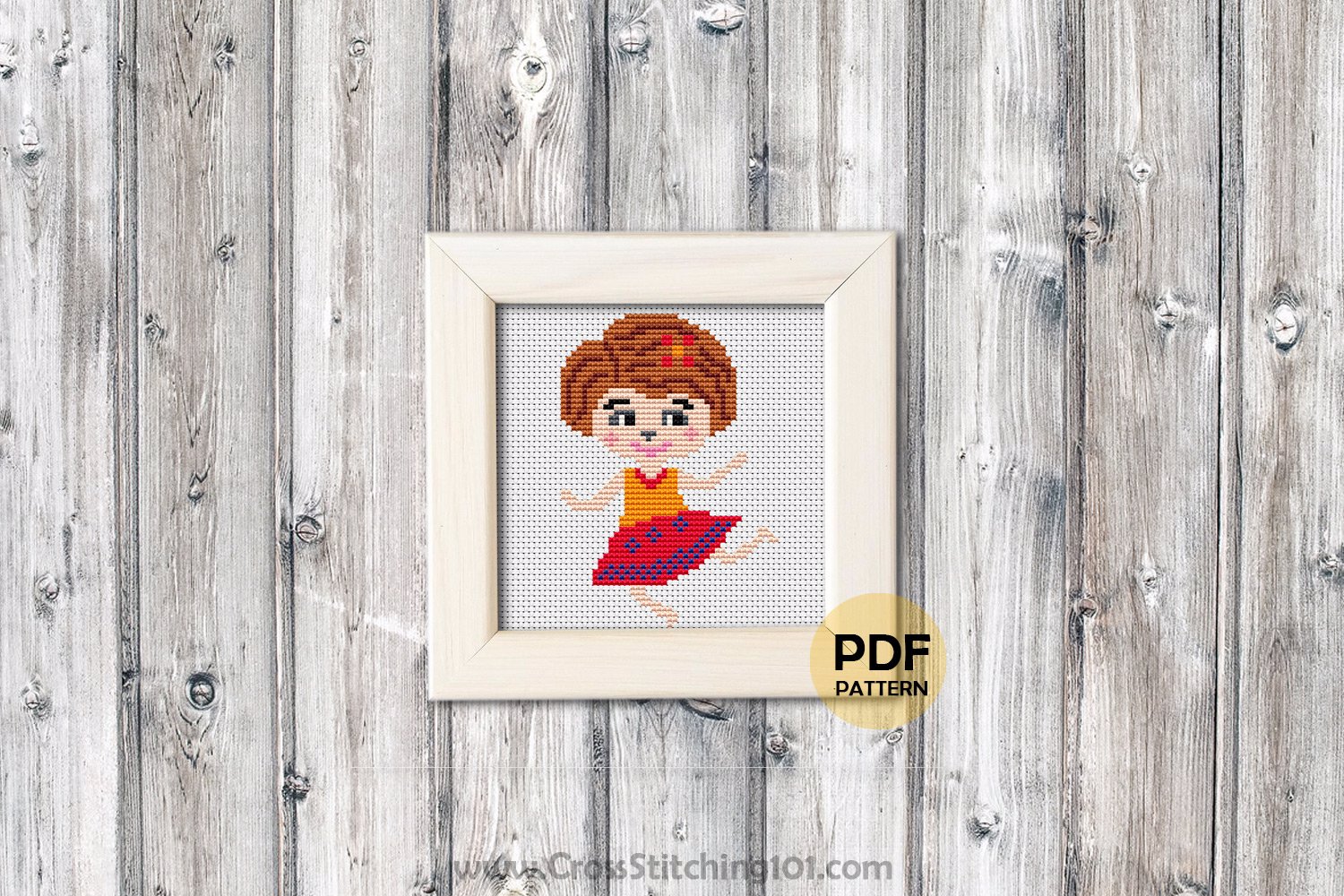 Cute Cartoon Girl with a Flower in a Dress Cross Stitch Design