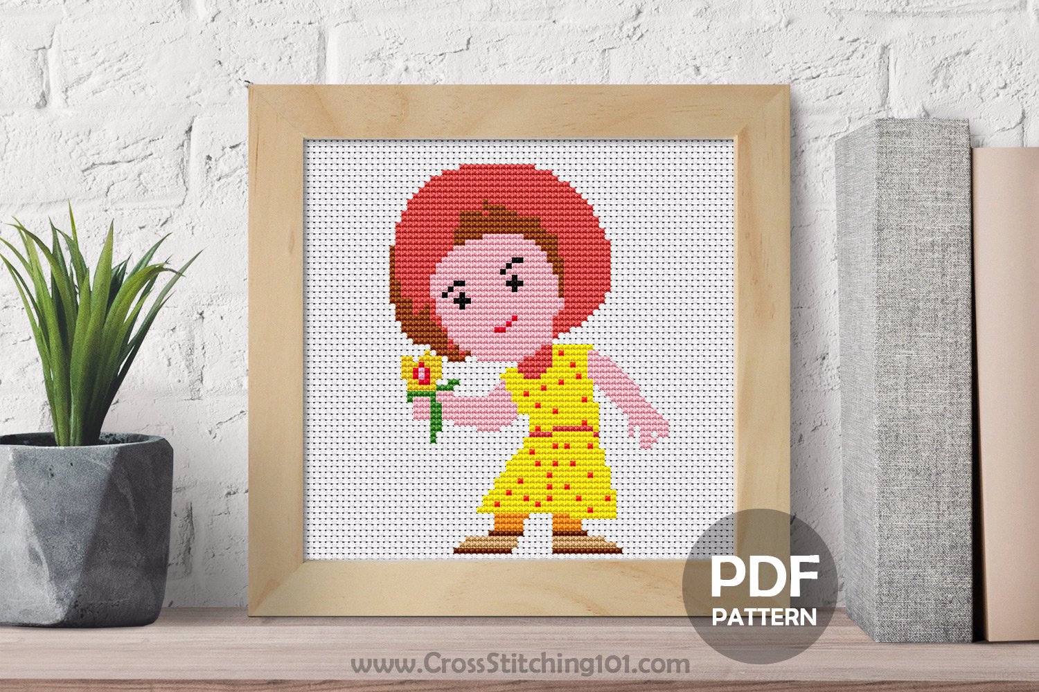 Cartoon Girl with Flower Cross Stitch Design