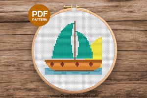 Aqua Sail Boat Cross Stitch Design