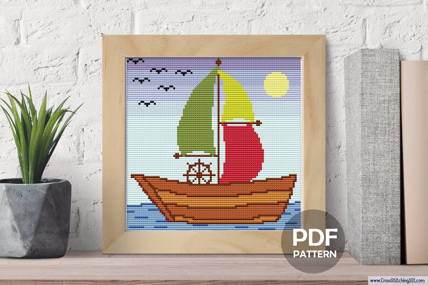 Ship Sailing in Sea Cross Stitch Pattern