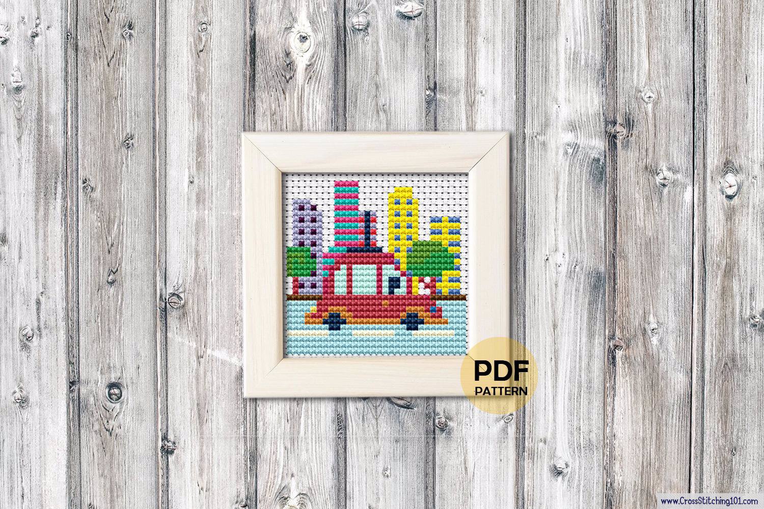 Driving Car City Scene Cross Stitch Pattern